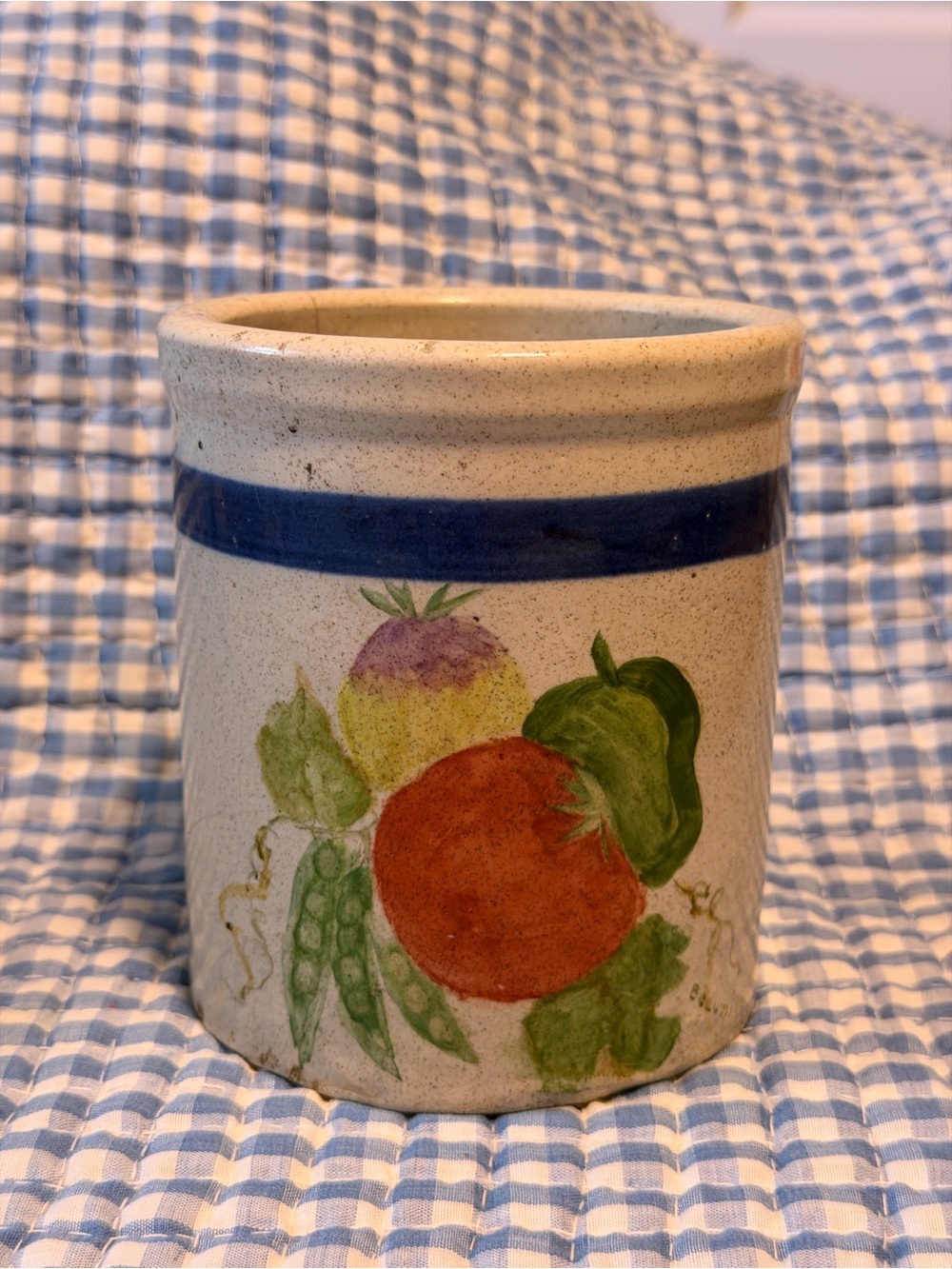 Vintage Stoneware Cylinder Jar Canister Blue Band Vegetable Pattern 5" Tall